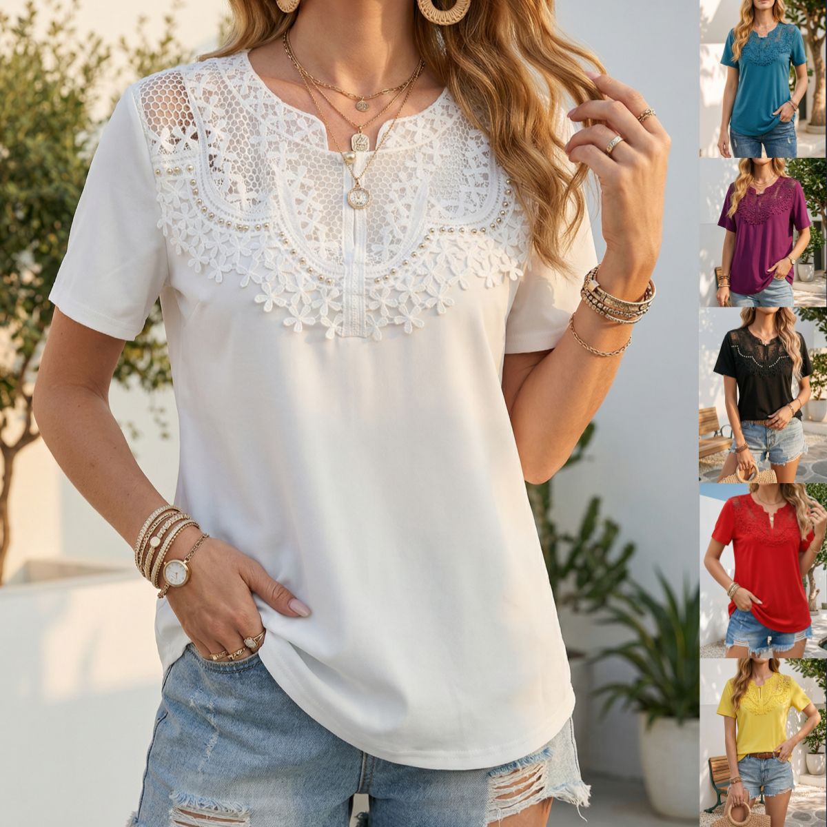 Women's Pearl-Trim Hollow-Out Blouse